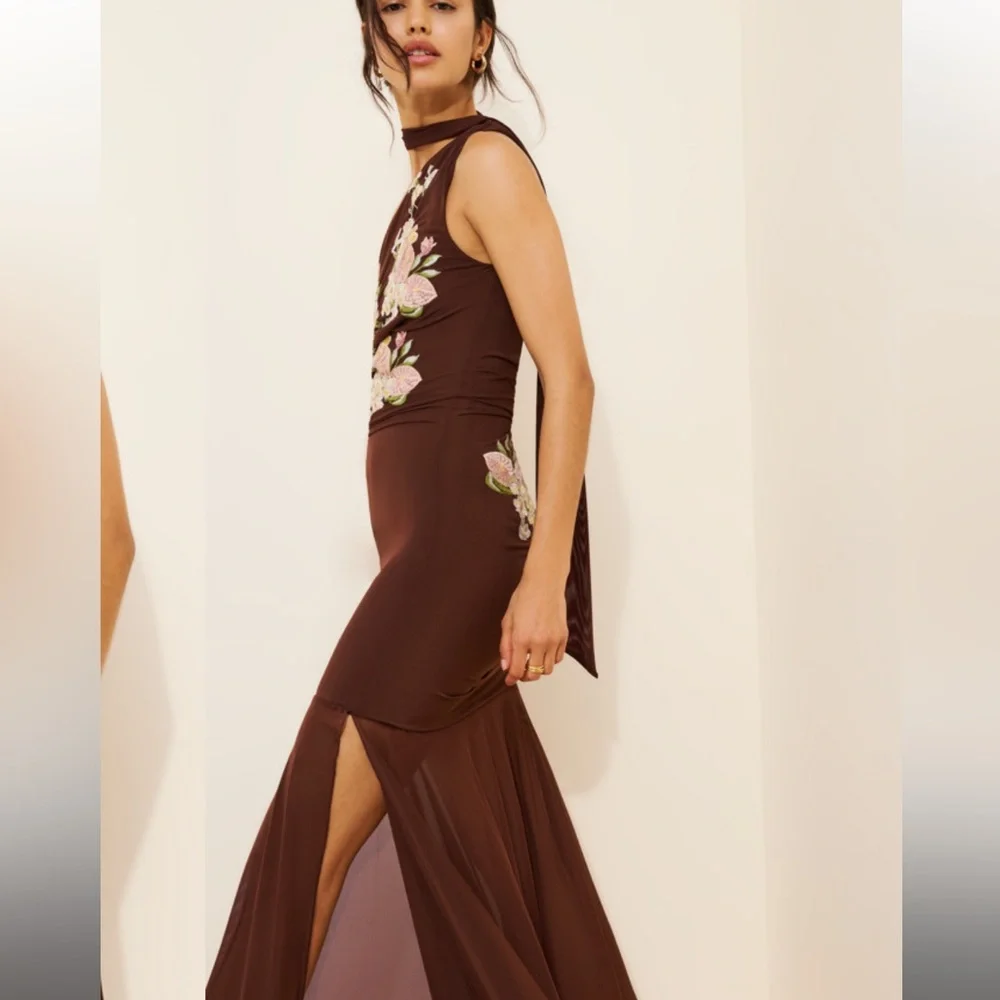 Anthropologie SAEMDI chocolate brown embroidered floral w neck scarf maxi large - Picture 2 of 16